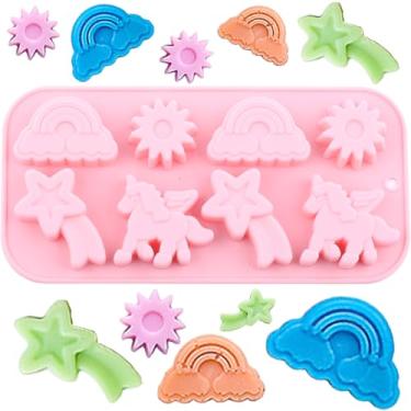 Imagem de EPYHREHM 8 moldes de silicone com tema de unicórnio alado de cavidade arco-íris sol meteoro molde de chocolate para chocolate doce