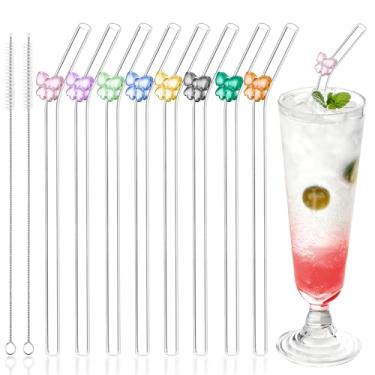 Imagem de Yomarket 8 canudos de vidro transparente com 2 escovas de limpeza, lindos canudos de vidro resistentes a estilhaços com laços coloridos, canudos dobrados reutilizáveis de 20 cm x 8 mm para smoothies