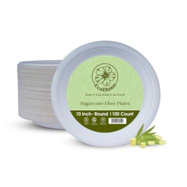 Imagem de Pacote com 100 pratos compostáveis de 25 cm – Pratos descartáveis de fibra de cana de açúcar resistente (bagaço), pratos de festa biodegradáveis ecológicos para casamentos, churrascos e eventos