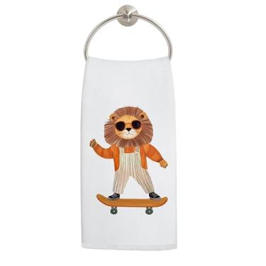 Imagem de LADOCK Toalhas de cozinha retrô modernas de leão para skate, presentes para amantes de leões, toalhas de mão para decoração de banheiro, prato de animais da floresta extravagante, toalha de chá para