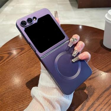 Imagem de Capa de telefone magnética de luxo lisa metálica para Samsung Z Flip 6 5 4 3 Flip5 ZFlip5 Flip3 Flip6 capa de proteção de lente completa, roxo escuro, para Samsung Z Flip 5