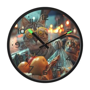 Imagem de SEHANY Relógio de parede engraçado para dirigir gato, silencioso, sem tique-taque, operado por bateria, controle de som, luz noturna, relógios de parede para sala de estar, cozinha, quarto, escritório