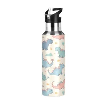 Imagem de ATTX Garrafa de água de aço inoxidável de 590 ml com canudo com desenho de dinossauro, sem BPA, para academia, trabalho, atividades ao ar livre e viagens #578