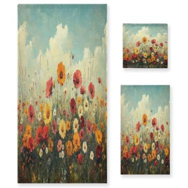 Imagem de ATTX Conjunto de toalhas de banho com pintura a óleo de flores silvestres de 3 peças - Ultra macio e de secagem rápida, toalhas de mão absorventes de grau de hotel e spa para banheiro #320