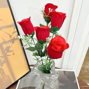 Imagem de 1 buquê de 5 cabeças rosa artificial artificial rosa vermelha flor haste dia dos namorados presente decorativo casa decoração de vaso diário, 33 cm