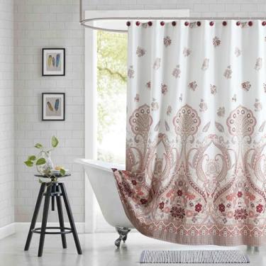 Imagem de BESTRIPES Cortina de chuveiro extralonga 182 x 203 cm - Tecido premium off-white repelente de água com estampa floral bordô terracota taupe Paisley