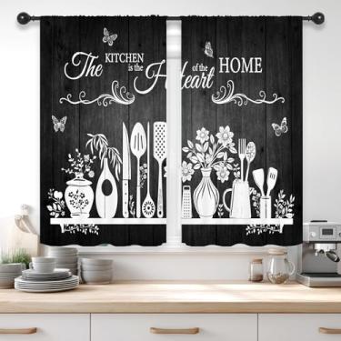 Imagem de Riyidecor Cortinas de cozinha rústicas brancas pretas curtas pequenas retrô tábua de madeira utensílios de cozinha fazenda floral borboleta bolso para varão citação engraçada quarto sala de estar