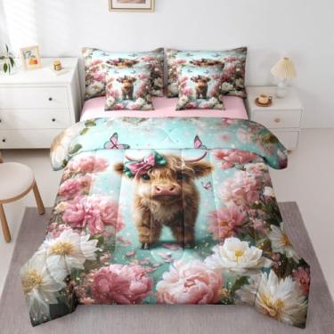 Imagem de Erosebridal Conjunto de edredom solteiro de vaca Highland com lençóis, rosa, vintage, retrô, floral, 7 peças, cama rústica de animais selvagens, decoração de plantas, flores de borboleta rústica