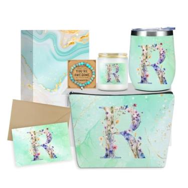 Imagem de Presentes personalizados monograma presentes de aniversário para mulheres, mamãe, despedida feminina, Natal, copo de vinho, bolsa de maquiagem com vela perfumada, conjunto de pulseira (flor verde