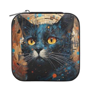 Imagem de Wassud Caixa de joias pequena para viagem de gato azul, mini organizador portátil de couro PU, brincos quadrados de armazenamento, anéis, pulseiras, joias para mulheres, meninas, senhoras, noiva
