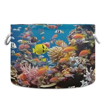 Imagem de WELLDAY Cesta de corda de algodão Fishes Reef Cesta de lavanderia de bebê para sala de estar, lavanderia, berçário, travesseiros, decoração de casa