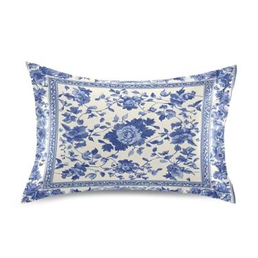 Imagem de Wassud Fronha de cetim com estampa floral azul e branca para cabelo e pele fronhas de seda lisa king size respiráveis com fecho de envelope