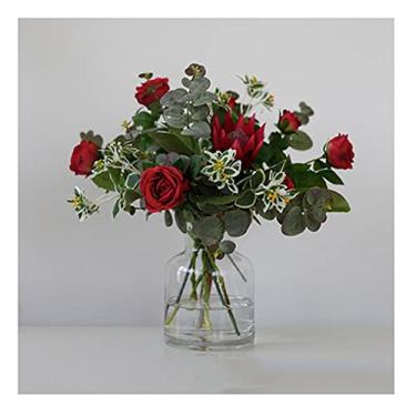 Imagem de Flores artificiais buquê de rosas simulação de flores decoração de sala de estar vaso de vidro hotel escritório quarto casamento arranjo de flores falsas decorações flores