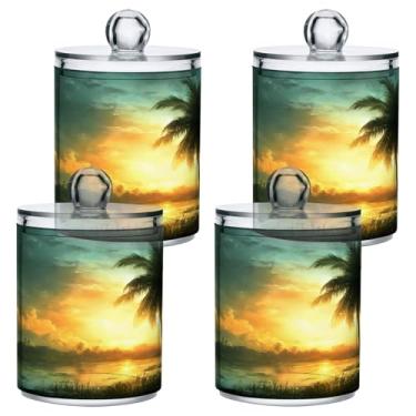 Imagem de WELLDAY Potes de boticário organizador de armazenamento de banheiro com tampa - recipiente de armazenamento com suporte Qtip de 400 ml, frasco de plástico transparente paisagem ao anoitecer para