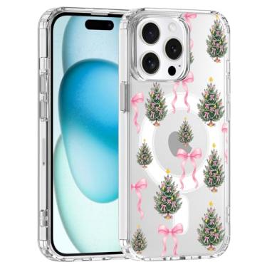 Imagem de JOYLAND Capa magnética para iPhone 16 Pro Max, árvore de Natal, capa de laço rosa compatível com MagSafe, capa de telefone transparente, capa protetora de TPU macio antiamarelamento com parte traseira