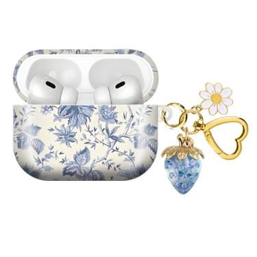 Imagem de Capa de fone de ouvido sem fio compatível com AirPod PRO 3 2025 à prova de choque e poeira com um lindo pingente de chaveiro de morango adequado para mulheres (flores azuis morango)