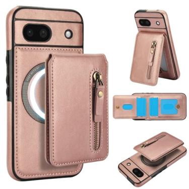 Imagem de Carteira removível compatível com carregamento sem fio Magsafe para Google Pixel 9A, capa com suporte para cartão, bolso com zíper, suporte 2 em 1 à prova de choque (ouro rosa)
