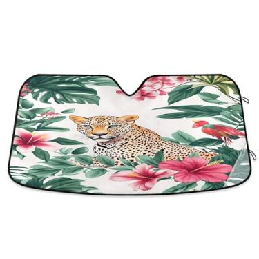 Imagem de Burbuja Para-brisa dianteiro, leopardo em planta tropical, bloco de viseira de sol dobrável para carro, raios UC e calor, mantenha seu veículo fresco para caminhões SUV, 144 x 80 cm