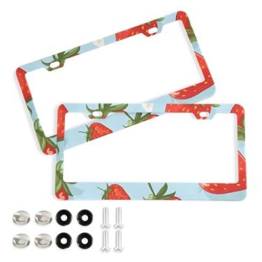 Imagem de CEBUGI Pacote com 2 molduras de placa de carro de alumínio capas de moldura de placa de carro com 2 furos vermelho morango acessórios automotivos para placas dianteiras e traseiras orifício elíptico