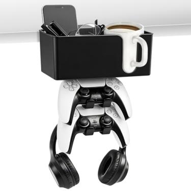 Imagem de Innonew Suporte para copo de mesa 5 em 1 – Suporte duplo para controle de jogos e fone de ouvido, suporte giratório embaixo da mesa, organizador de fone de ouvido, suporte removível, mesa de jogos