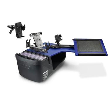 Imagem de AutoExec Alcance o banco traseiro da mesa lado esquerdo para a estação de trabalho do seu veículo e escritório móvel, azul, com suporte para impressora, suporte para telefone, suporte para tablet e