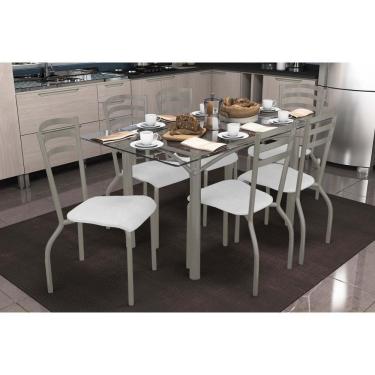 Imagem de Conjunto: Mesa Sala Jantar Elba C- Tampo De Vidro 150cm E 6 Cadeiras Portugal Niquel - Courano Branco - Kappesberg