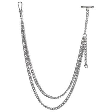 Imagem de TEWAFOS Corrente de relógio de bolso, corrente de relógio masculina, design de camada dupla, com dois ganchos, coletes de Halloween, Dia de Ação de Graças e Natal e acessórios de roupas formais (prata