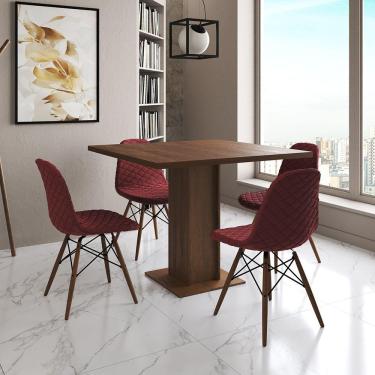 Imagem de Mesa Jantar Londres Quadrada Amêndoa 90Cm 4 Cadeiras Eames Estofadas Vermelho Madeira