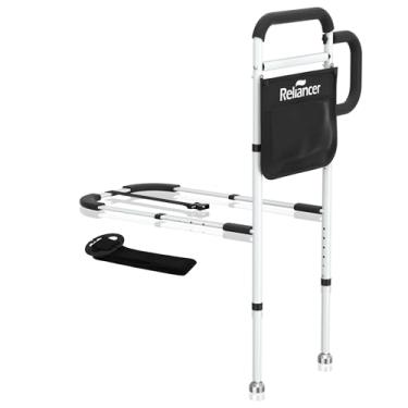 Imagem de RELIANCER Trilho de segurança de cama para adultos idosos com perna de apoio, barra de apoio de assistência de alça dupla para idosos, grades de suporte de cabeceira ajustáveis, trilho de proteção de