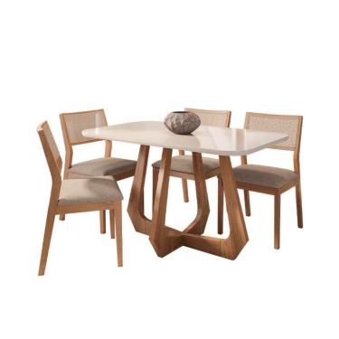 Imagem de Conjunto de Mesa Retangular com Tampo de Vidro Off White Bromélia e 4 Cadeiras Oiti Linho Bege e Madeira 130 cm