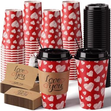 Imagem de Tanlade 50 conjuntos de copos de papel de café descartáveis para dia dos namorados com tampas e mangas, canudos de 473 ml para lembrancinhas de chá de cacau quente (clássico)