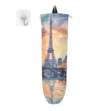 Imagem de Pacote com 2 suportes para sacolas de supermercado em aquarela Paris, dispensador de sacolas plásticas, suporte de plástico para armário