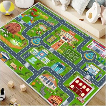 Imagem de VNUVCOE Tapete de carro infantil, tapete de pista de corrida para sala de jogos, para brincar com carros, brinquedos, tapetes educativos para quarto e sala de aula (verde, 99 x 150 cm)