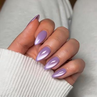 Imagem de SXVME Unhas de pressão roxas curtas em forma de amêndoa – 30 unidades de unhas postiças curtas de acrílico de gel espesso natural opaco com glitter cola nas unhas para mulheres
