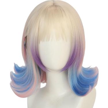 Imagem de Topcosplay Peruca feminina curta, reta, rosa, azul, gradiente, bob, com clipe de cabelo, festa de Halloween, dramatização, fibra sintética 2582
