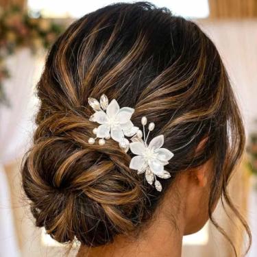 Imagem de Heread Grampos de cabelo para casamento com flores e folhas prateadas presilhas de cabelo de cristal acessórios de cabelo para mulheres e meninas (pacote com 2)