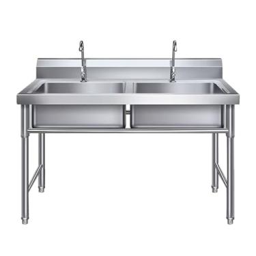 Imagem de Pia utilitária com 2 compartimentos, pia de aço inoxidável de pé livre, pia industrial para pia de cozinha, com kit de drenagem, para restaurante, lavanderia, garagem (100 x 50 x 80 cm)