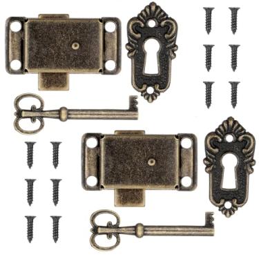 Imagem de 2 conjuntos de fechadura de esqueleto de bronze antigo vintage para móveis de armário com chaves e parafusos fechaduras decorativas para armário de baú caixas de madeira