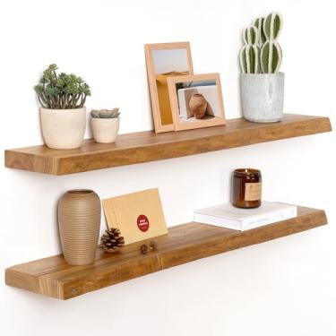 Imagem de Prateleiras flutuantes de madeira de olmo maciça, prateleiras flutuantes de madeira de 91 cm para parede, prateleiras de madeira de borda viva montadas na parede para livros, banheiro, cozinha, cor
