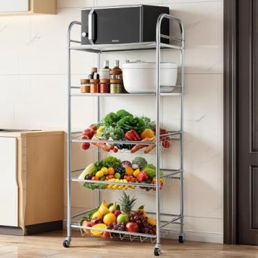 Imagem de Estante Inox Cozinha, Estante para Cozinha, Com 3 Cesta de Arame e 2 Prateleiras e 4 Rodas, Prata