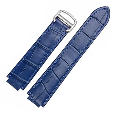 Imagem de EZZON Para pulseiras Cartier, pulseira feminina de couro legítimo, cor de qualidade, fivela de implantação, pulseira feminina de substituição (azul, fecho prata de 16 x 9 mm)