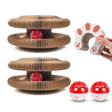 Imagem de 2 peças de arranhador para gatos Kitty Kurls, quadro dobrável para arranhar órgão mágico com bolas de sino, papelão ondulado reversível