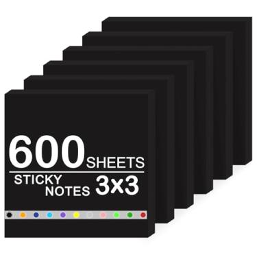 Imagem de Bloco de notas super adesivas, 6 blocos autoadesivos 7,6 x 7,6 cm, 600 folhas de bloco de notas adesivas em massa, material de escritório, material escolar, presentes de Natal (preto, 6 blocos de