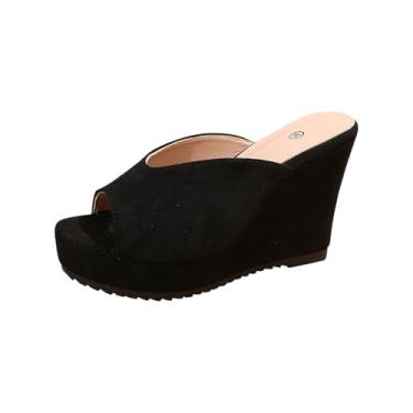 Imagem de Pantufas femininas casuais, bico aberto, boca de peixe, sola grossa, salto alto, Preto, 36