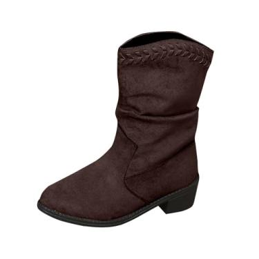 Imagem de Botas femininas casuais de camurça material bico redondo salto baixo para conforto no inverno e uso diário, Café, 34