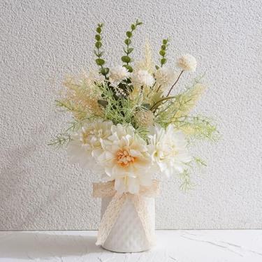 Imagem de Flores artificiais em vaso de cerâmica branca – Arranjo de flores de seda primavera para decoração de mesa de café, buquê de flores artificiais para decoração interna de casa, banheiro, sala de jantar