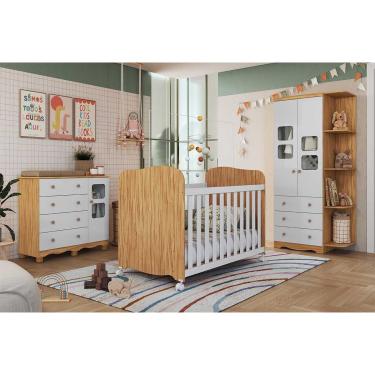 Imagem de Quarto de Bebê Completo Uli 3 Peças (1GuardaRoupa+1Berço+1Cômoda) QI108 Branco/Amendoa - Peroba