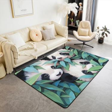 Imagem de Lindo tapete de área de Pandas 7,5 x 12,7 cm, preto, branco, animais para meninas, meninos, crianças, adultos, verde, azul, folhas para sala de estar, kawaii, bebê, panda, antiderrapante, lavável