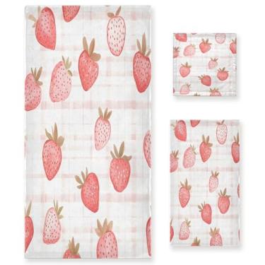 Imagem de xigua Conjunto de toalhas de banheiro de morango absorvente macio toalha de banho de 3 peças toalha de mão toalhas decorativas para banheiro, academia, hotel, praia, piscina
