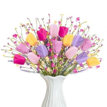 Imagem de 15 peças de tulipas artificiais flores silvestres hastes de flores de primavera, tulipas falsas, buquês de flores artificiais com flores silvestres, palitos florais coloridos de primavera para Páscoa